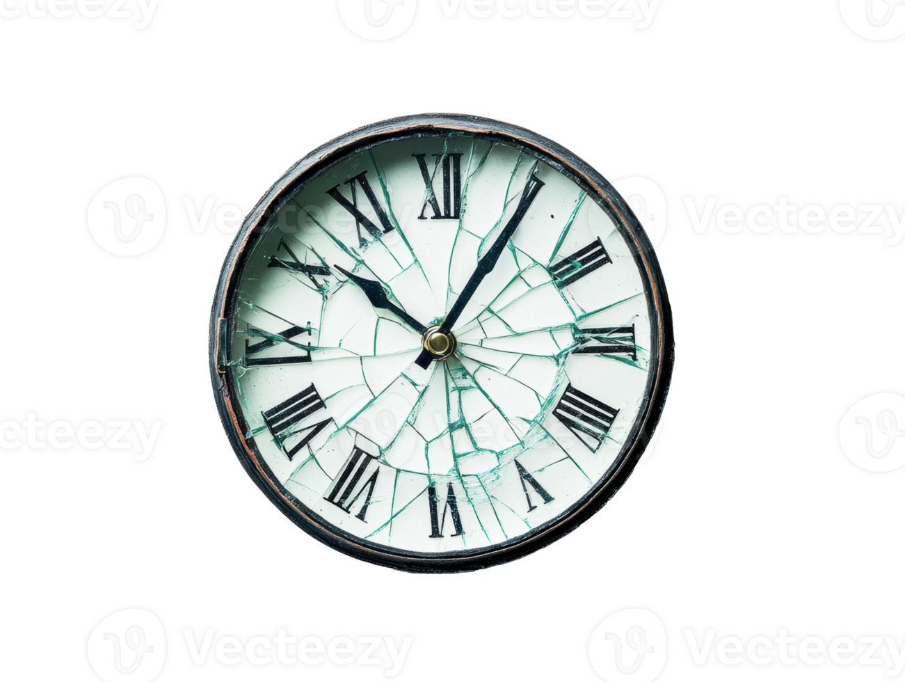 Broken clock displaying Roman numerals with shattered glass design png