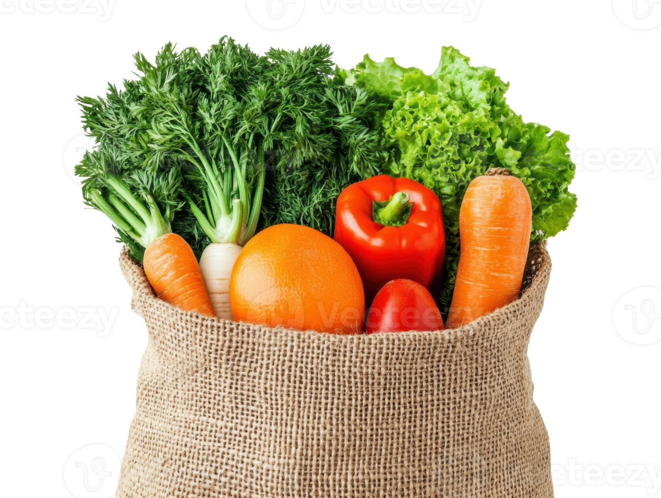 Fresh organic vegetables in a burlap sack for healthy meals png