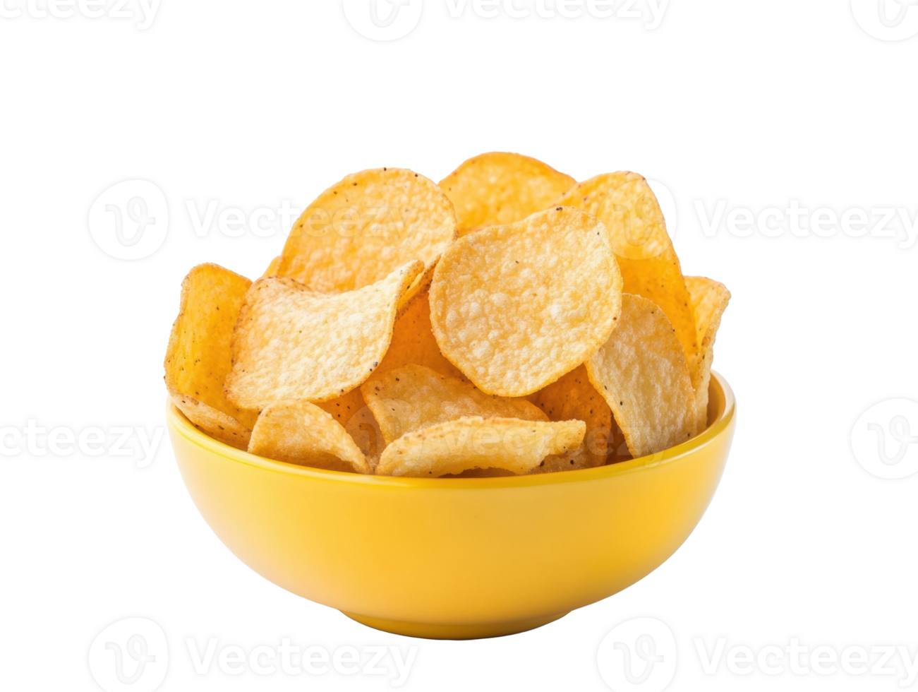Crispy potato chips in a bright yellow bowl for snacking enjoyment png