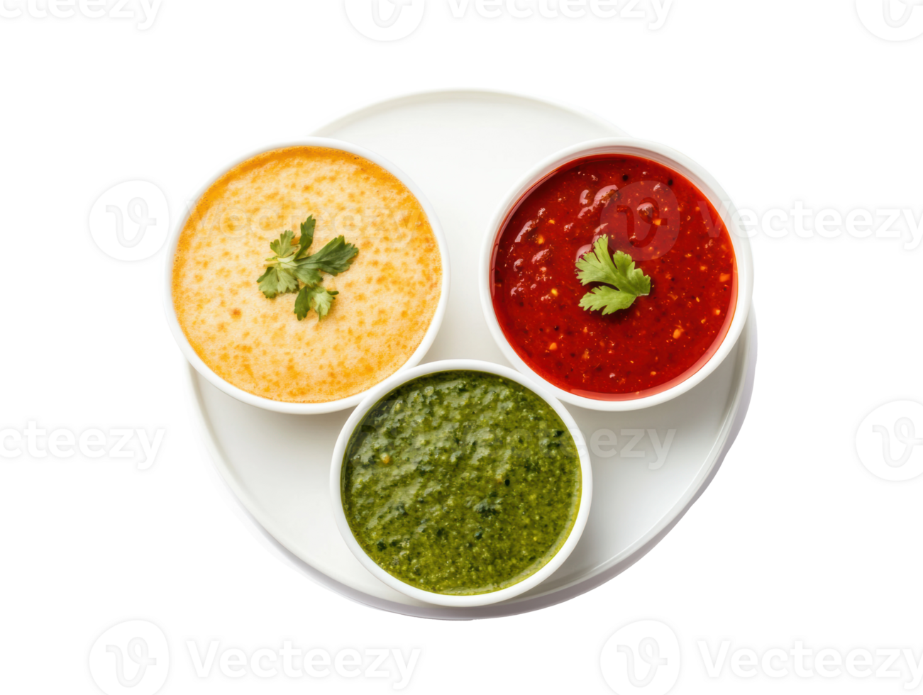 Three vibrant sauces served in small bowls for dipping png