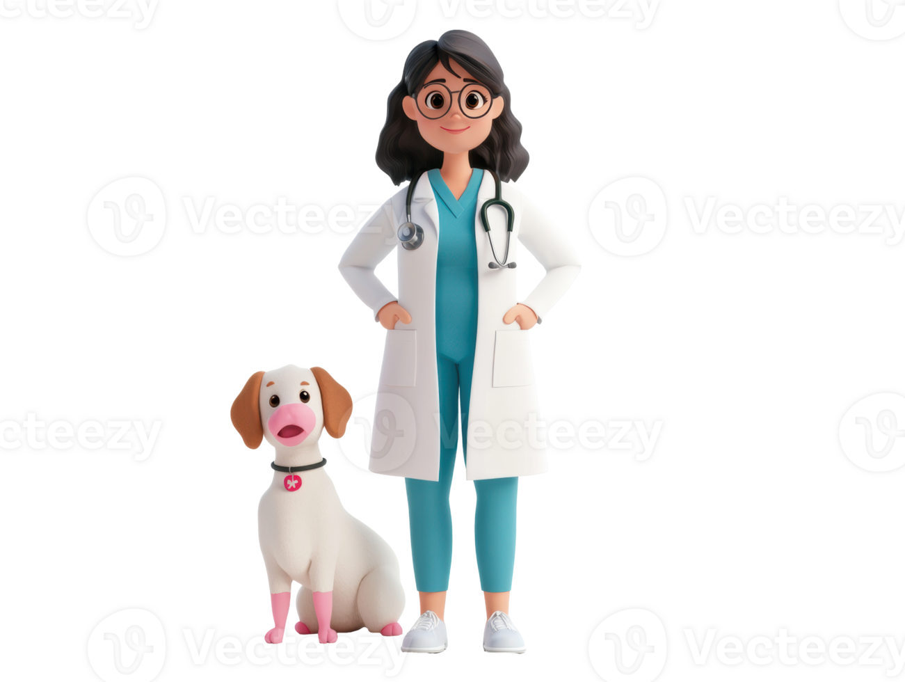 Friendly veterinarian with dog companion in a cheerful setting png