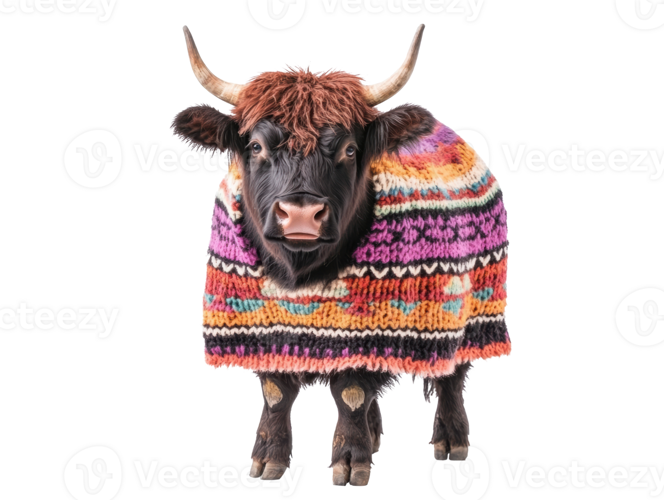 Highland cow wearing colorful sweater in playful winter attire png