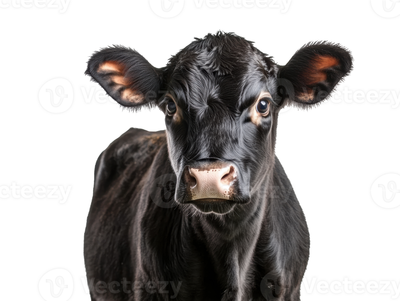 Black calf looking curiously at the camera in a farm setting png