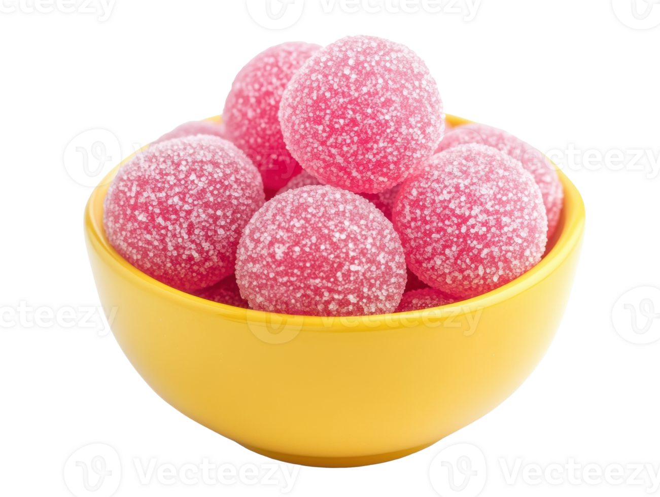 Colorful sugar-coated gummy candies in a yellow bowl png