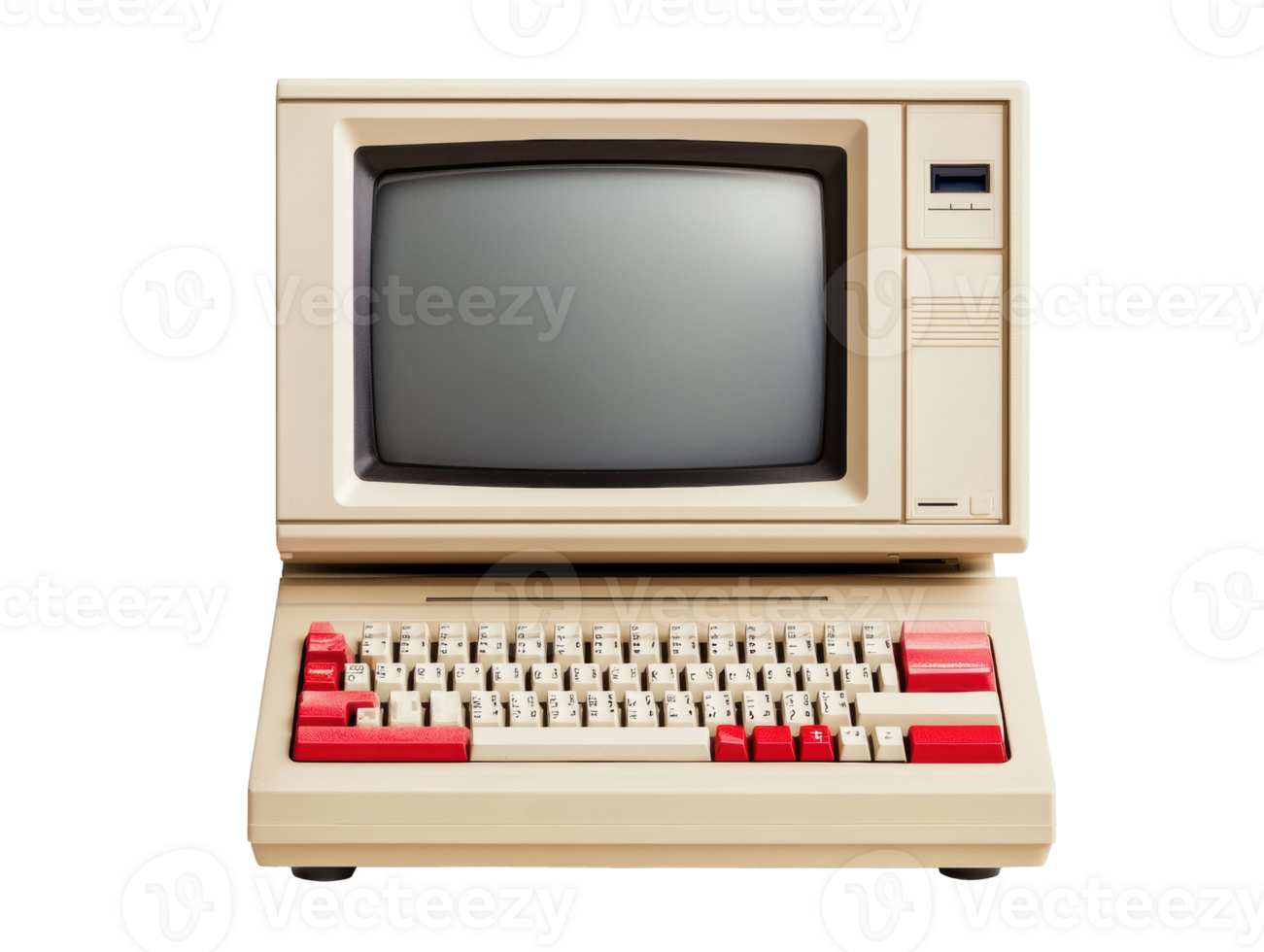 Retro computer model with vibrant keyboard design for nostalgia png