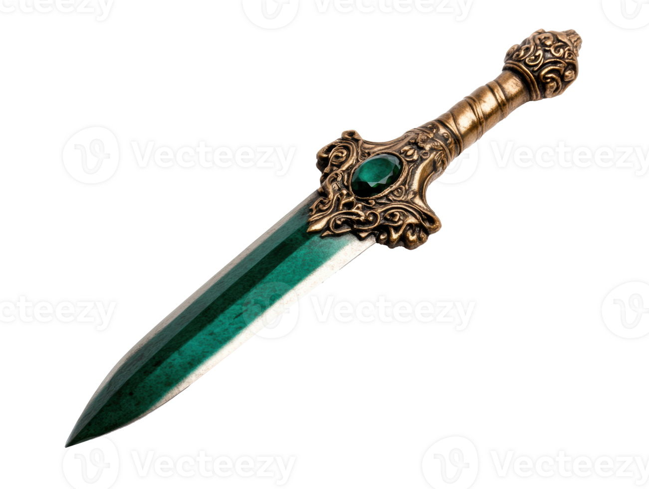 Elegant dagger with emerald handle and ornate golden hilt design png