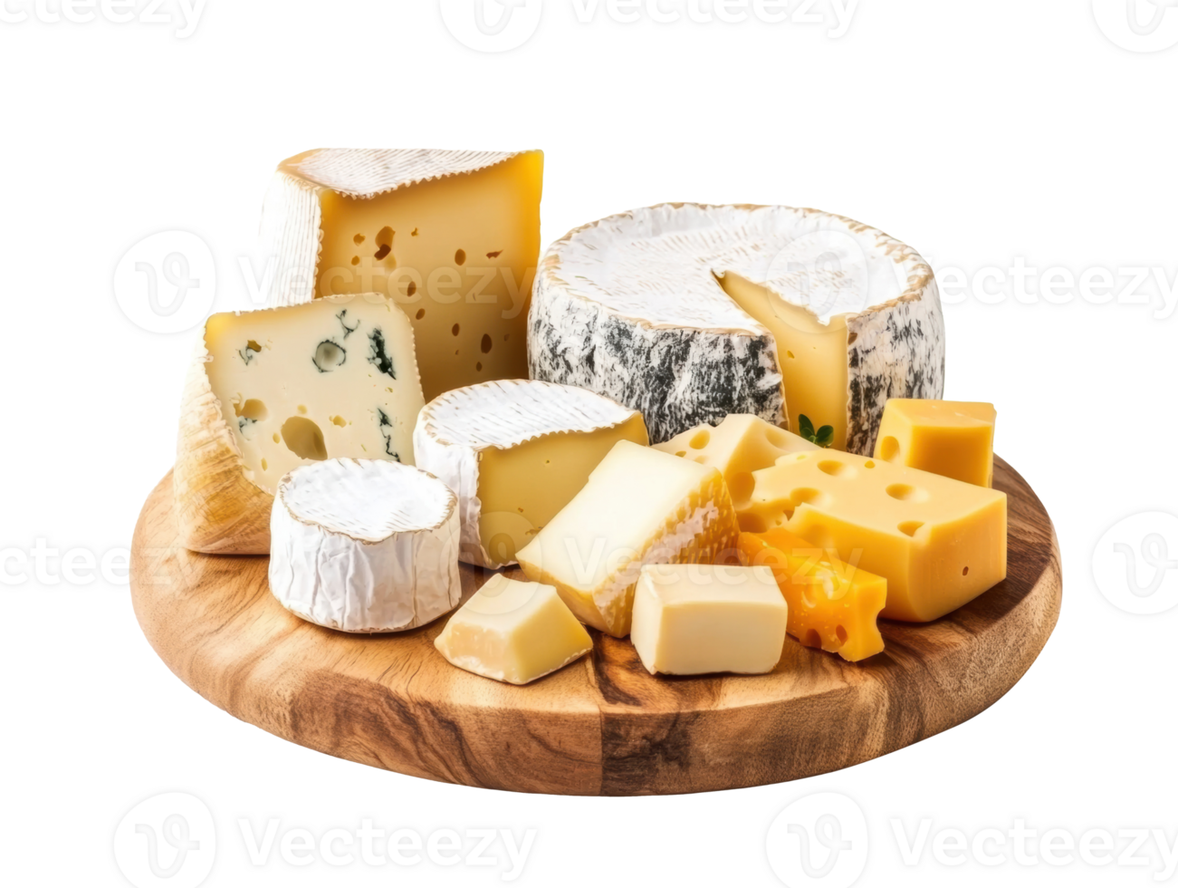 Variety of gourmet cheeses on a wooden platter for tasting png