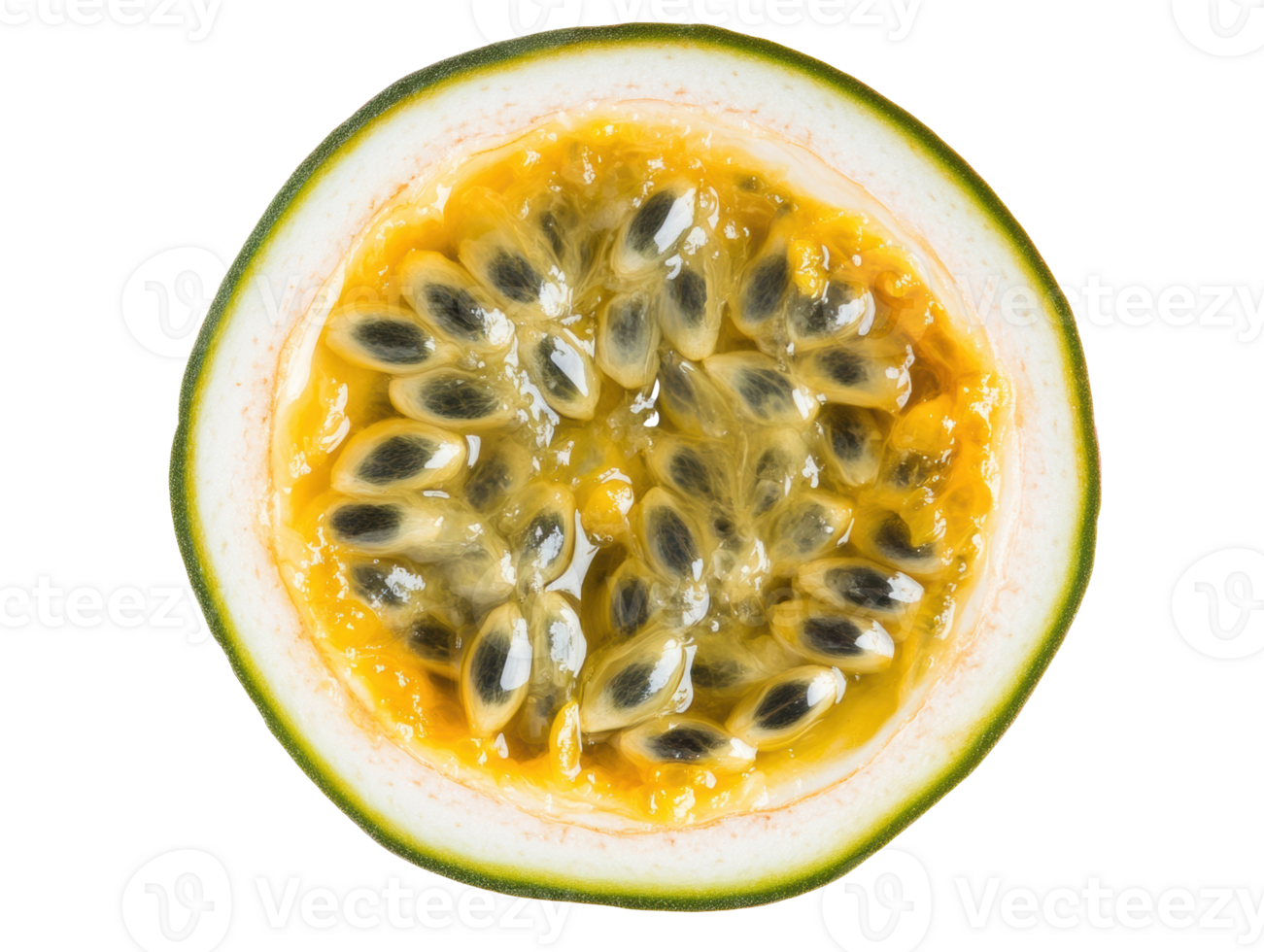 Fresh and juicy cut passion fruit with vibrant seeds and pulp png