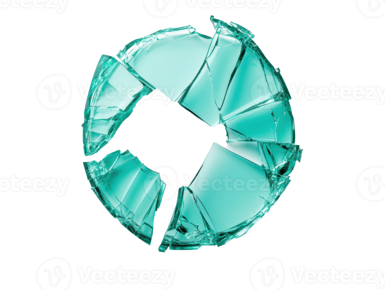 Broken glass forming a circular shape in turquoise color for design png