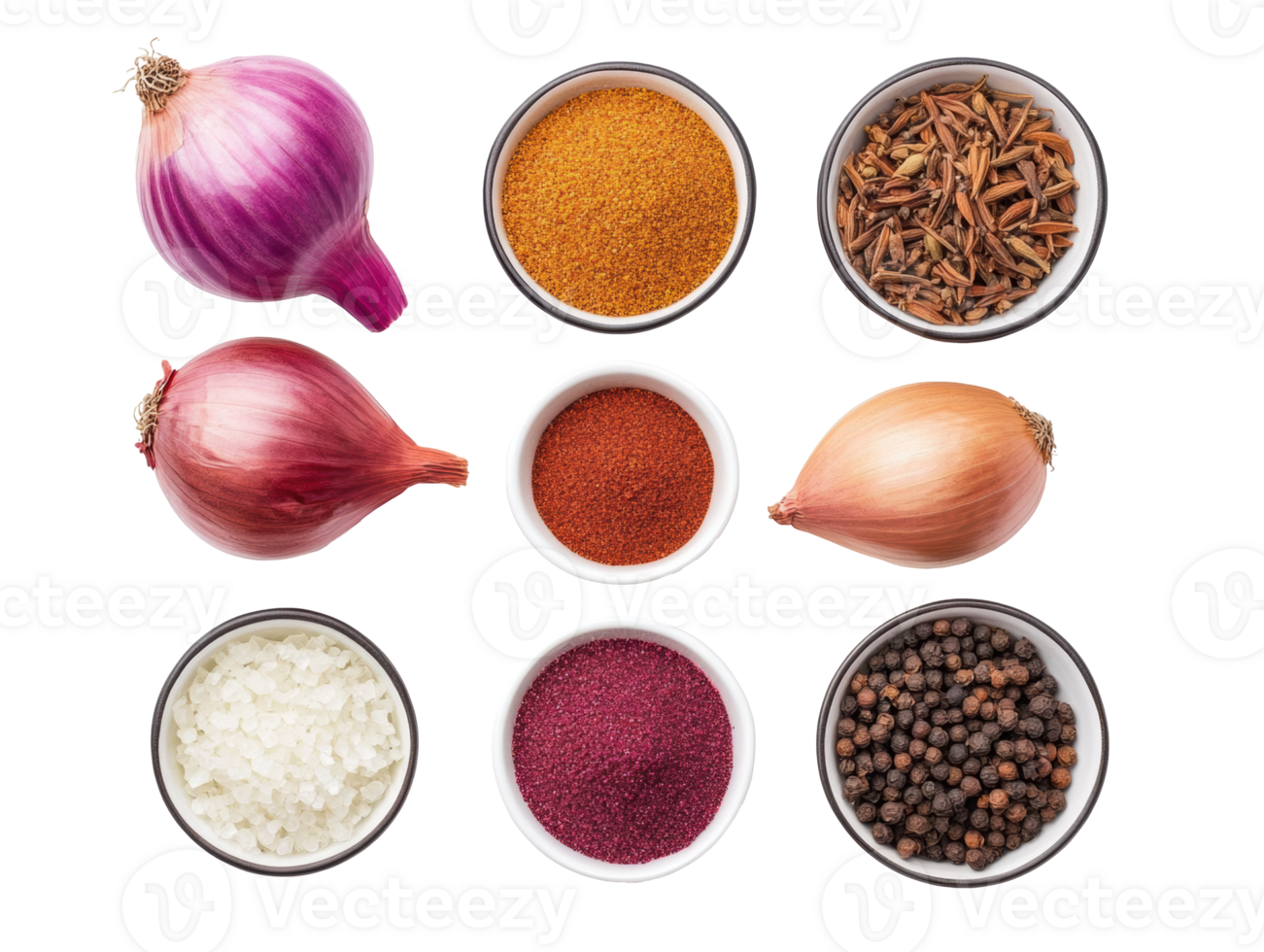 Culinary spices and onions arranged for diverse cooking png