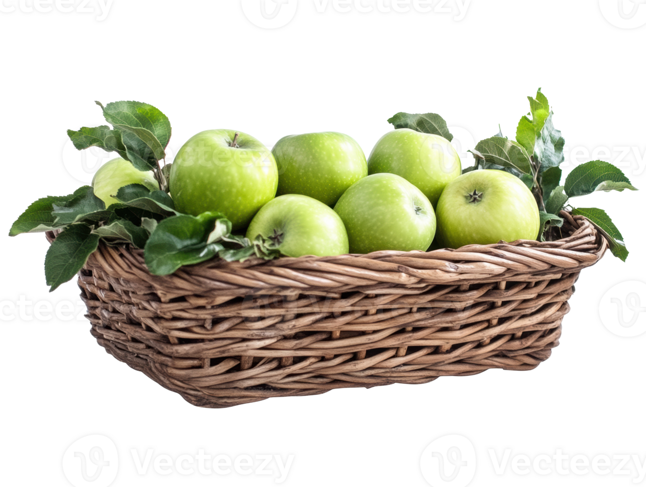 Fresh green apples in a wicker basket with leaves for healthy snacks png