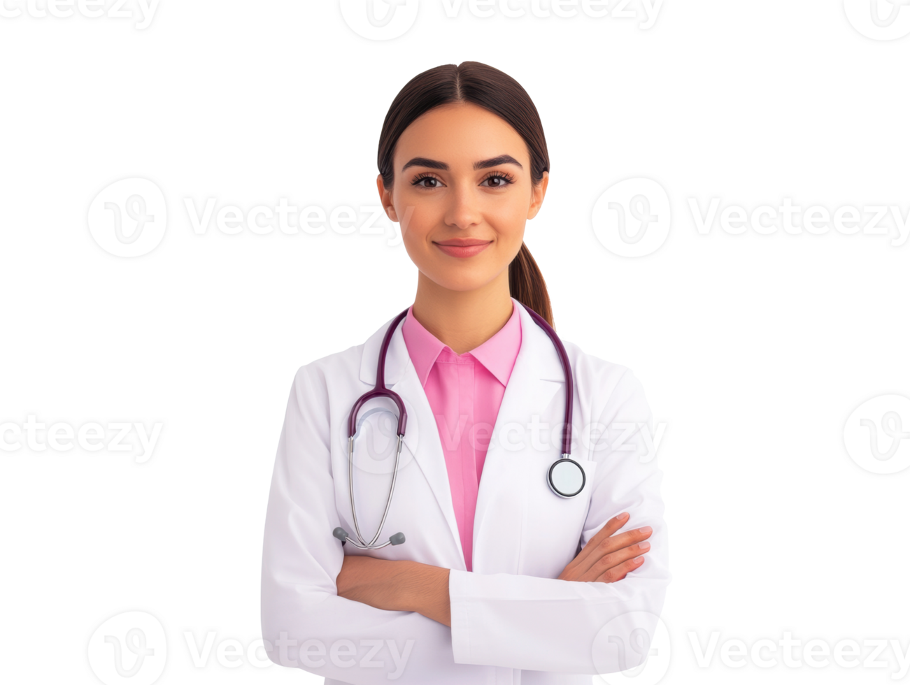 Confident medical professional with stethoscope in clinic setting png