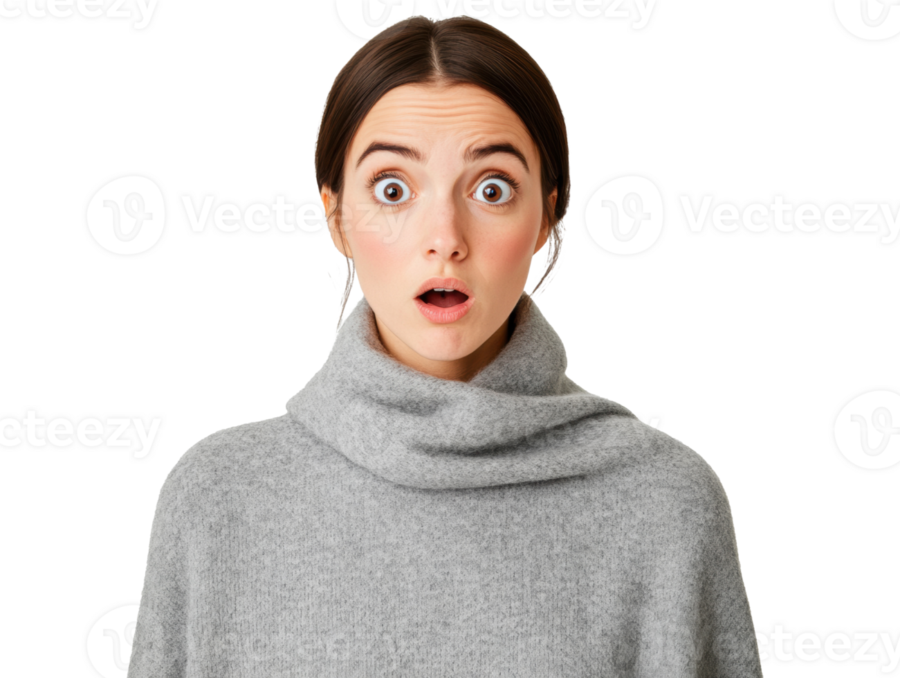 Surprised woman expresses astonishment with wide eyes and open mouth png