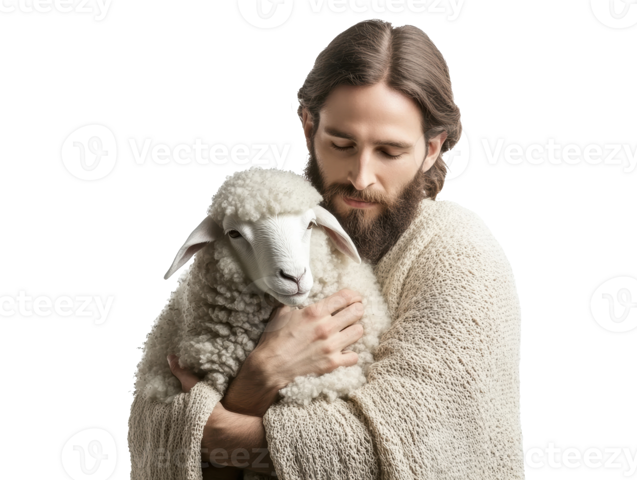 Gentle embrace of a shepherd and a sheep in a serene setting png