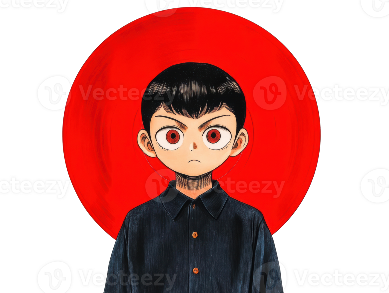 Young boy with intense gaze in front of red circle backdrop png