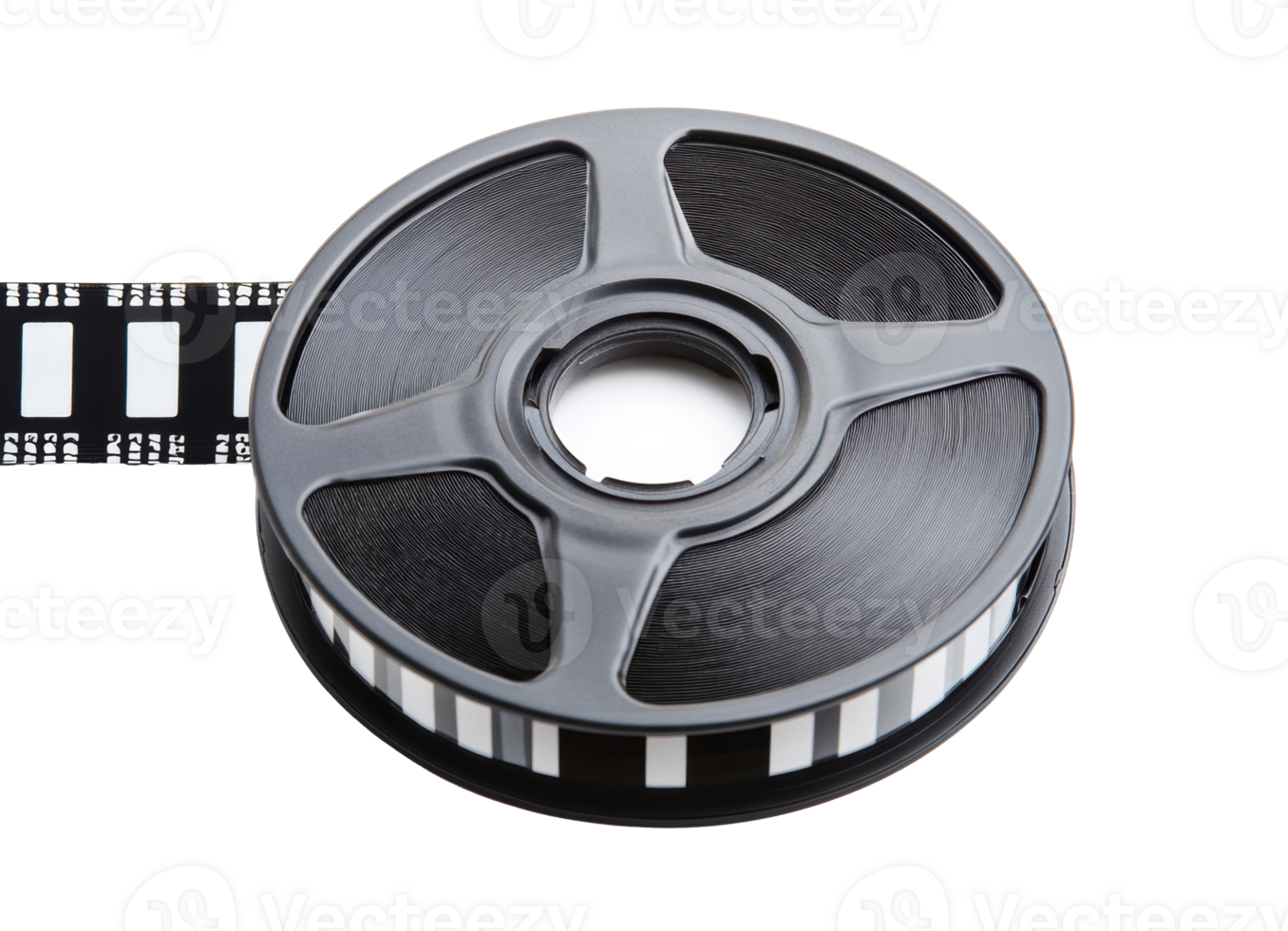 Film reel with film strip on a bright surface for creative projects png