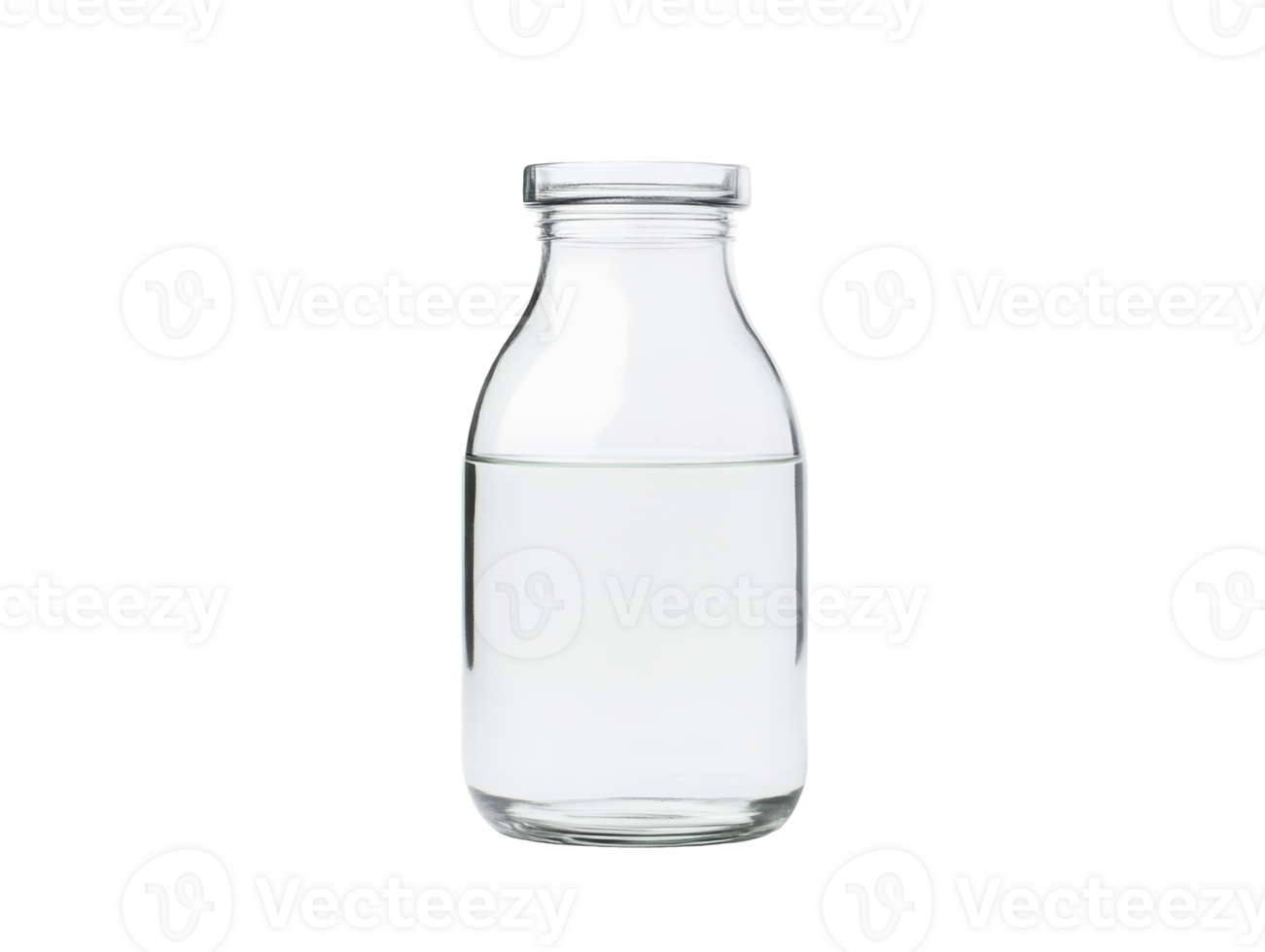 Clear glass bottle filled with water on a plain surface for wellness png