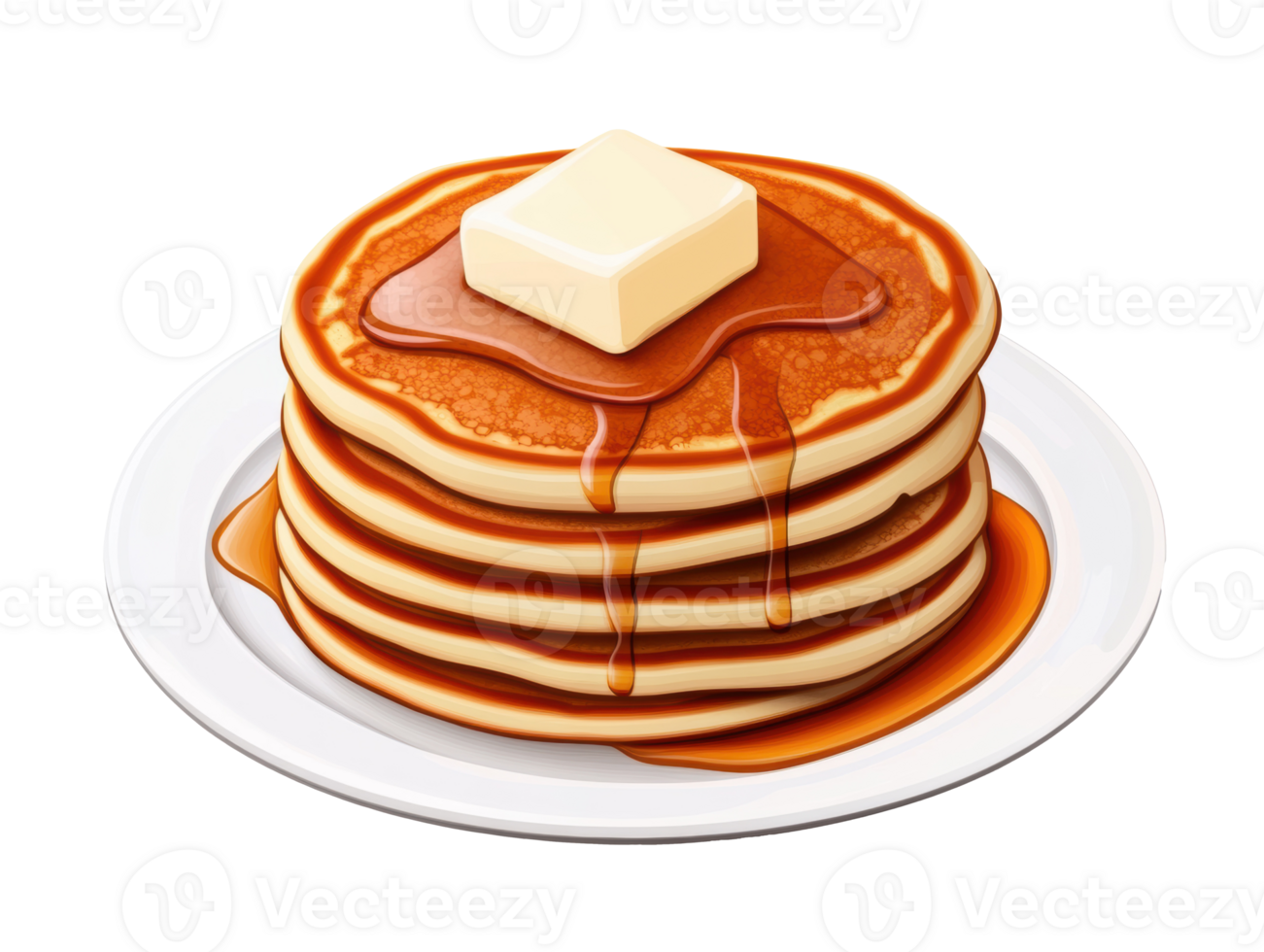 Delicious stack of pancakes drizzled with syrup and butter png