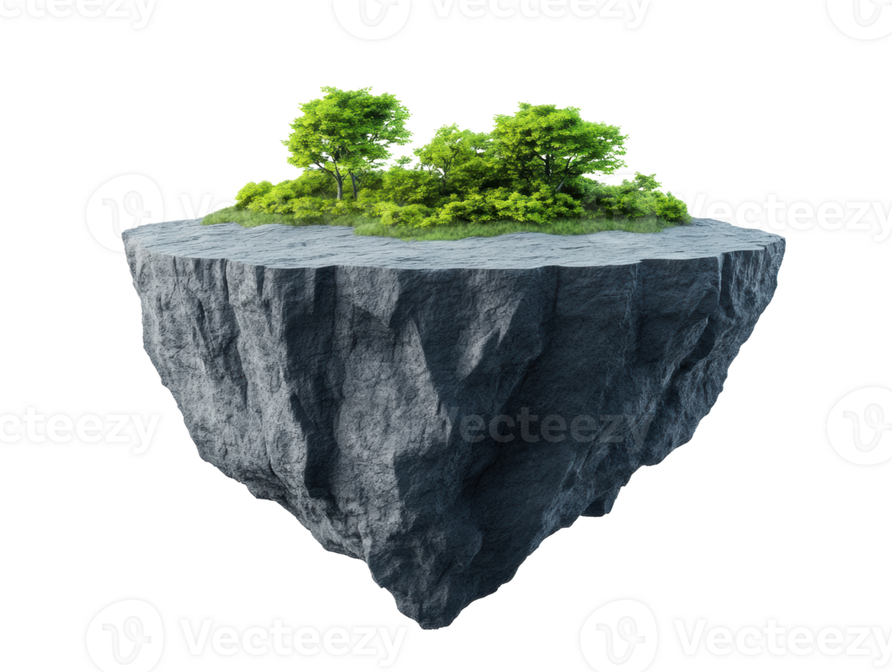 Floating island with lush green trees and rocky base for design png