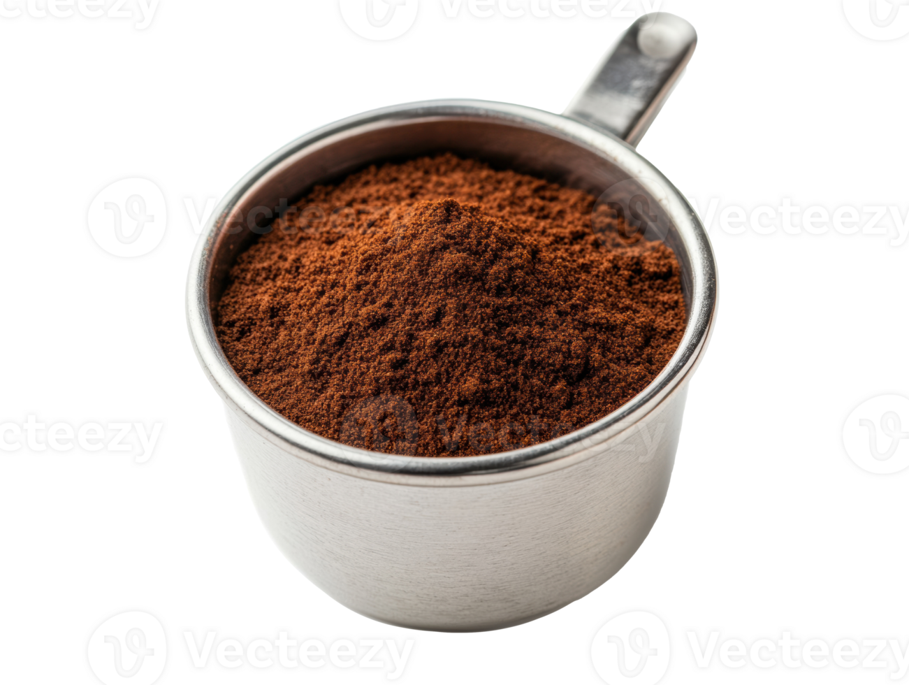 Freshly ground coffee in a stainless steel measuring cup for brewing png