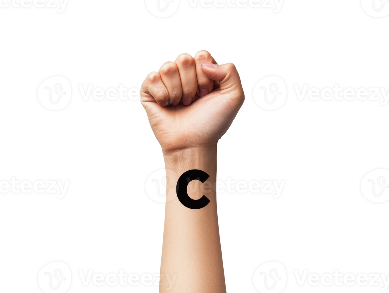 Empowering gesture with bold letter C on arm for social awareness png