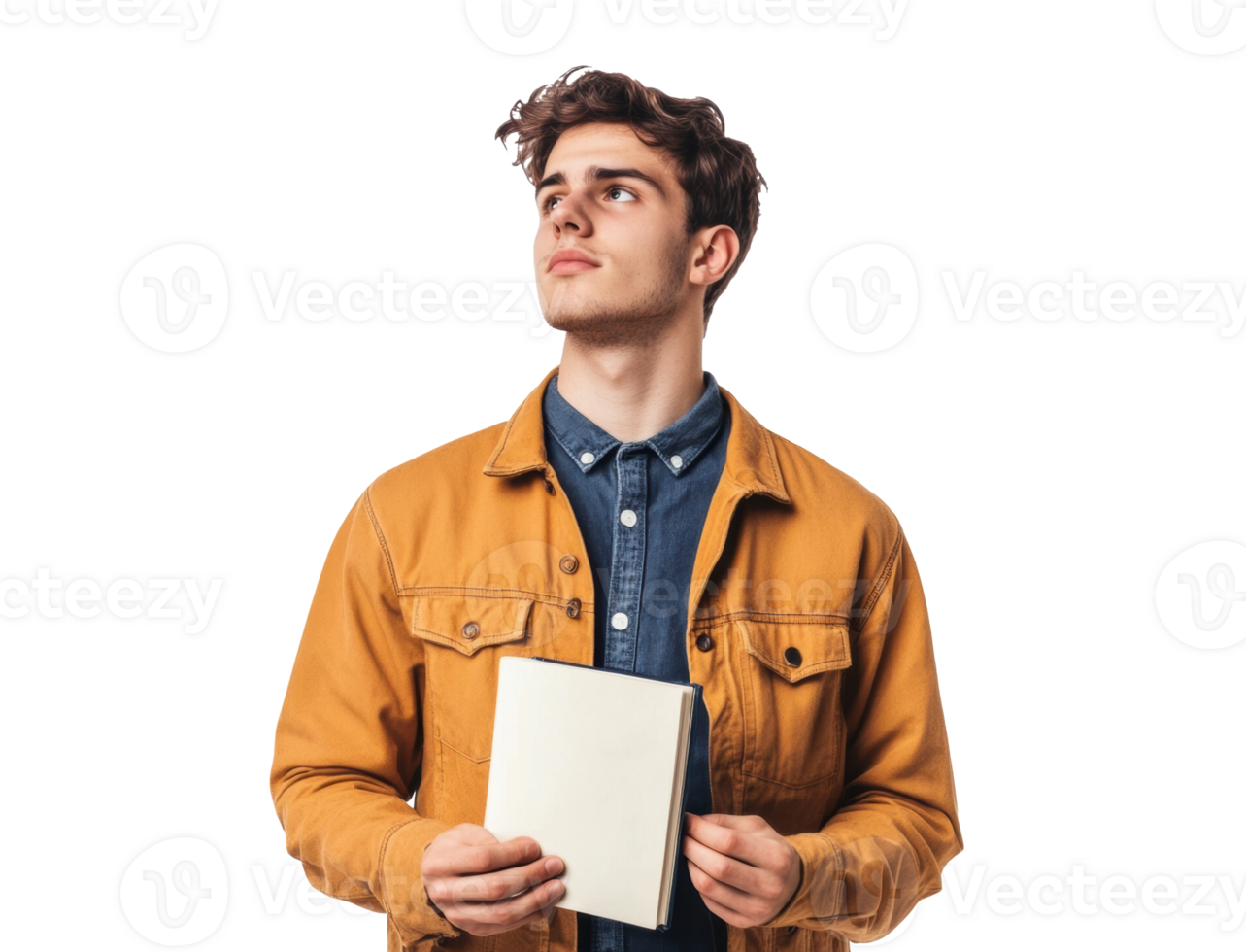 Young man holding an empty notebook wearing a stylish jacket png