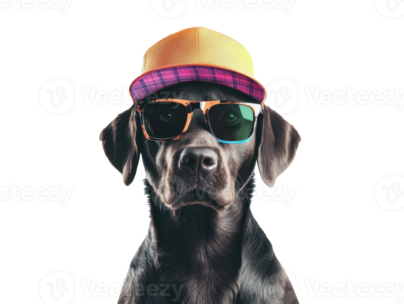 Cool dog in sunglasses and a colorful cap ready for summer fun png