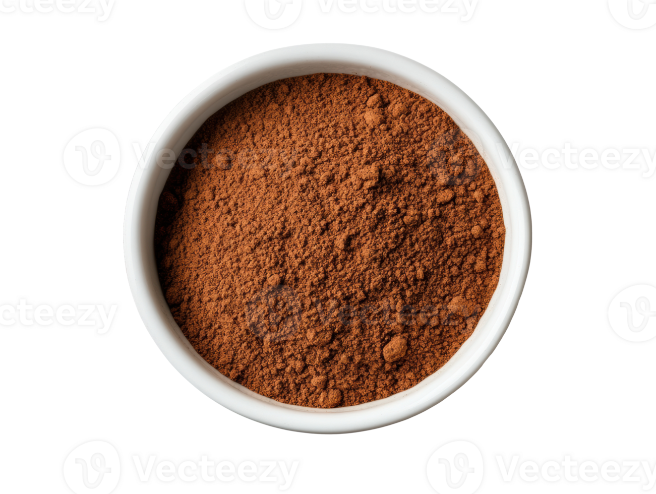 Ground cocoa powder in white bowl for baking and cooking png