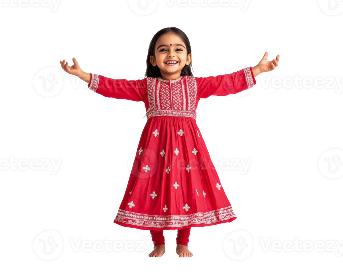Child in red dress joyfully celebrating a festive event png