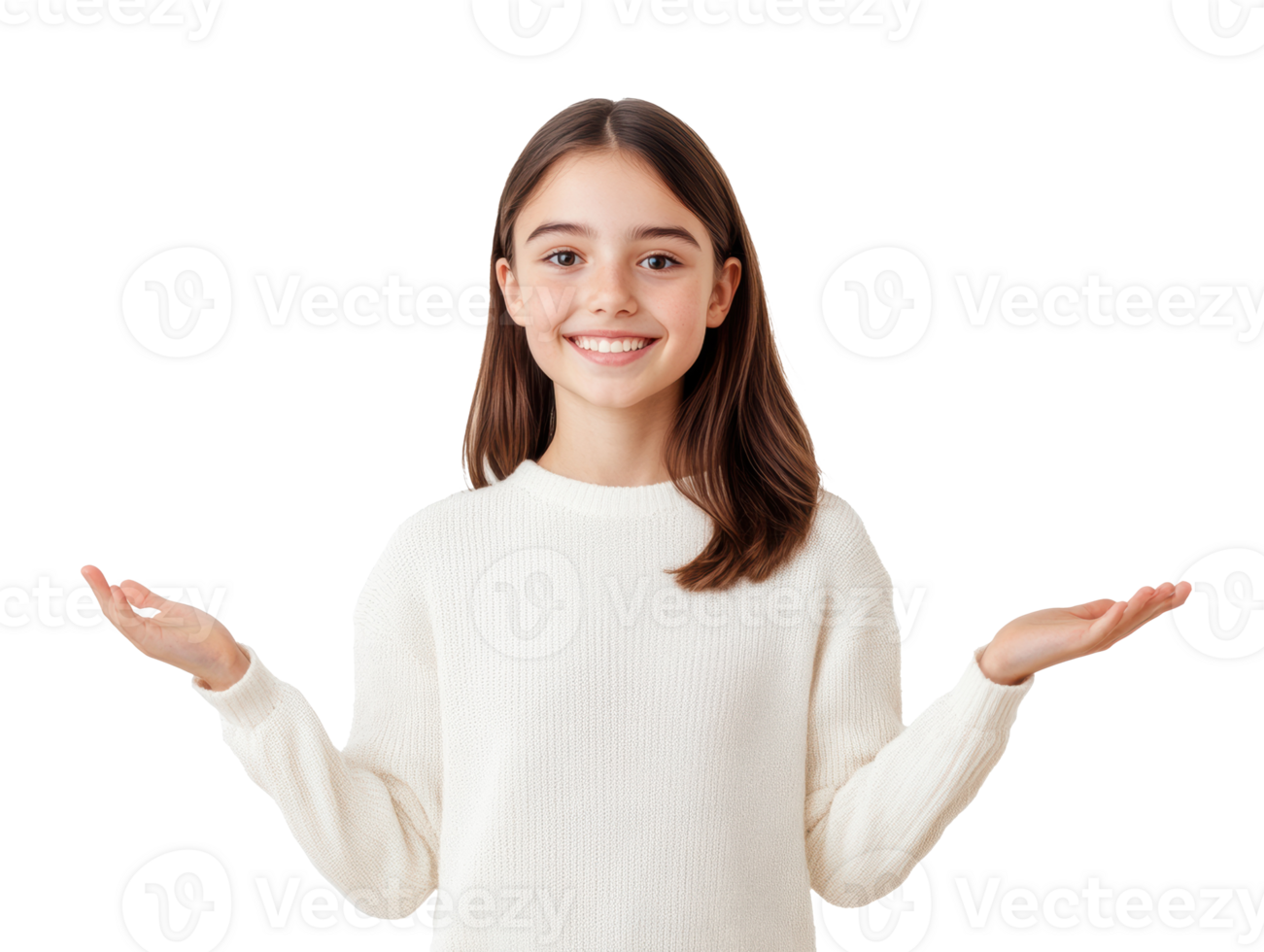 Smiling girl presenting with open hands and enthusiasm png