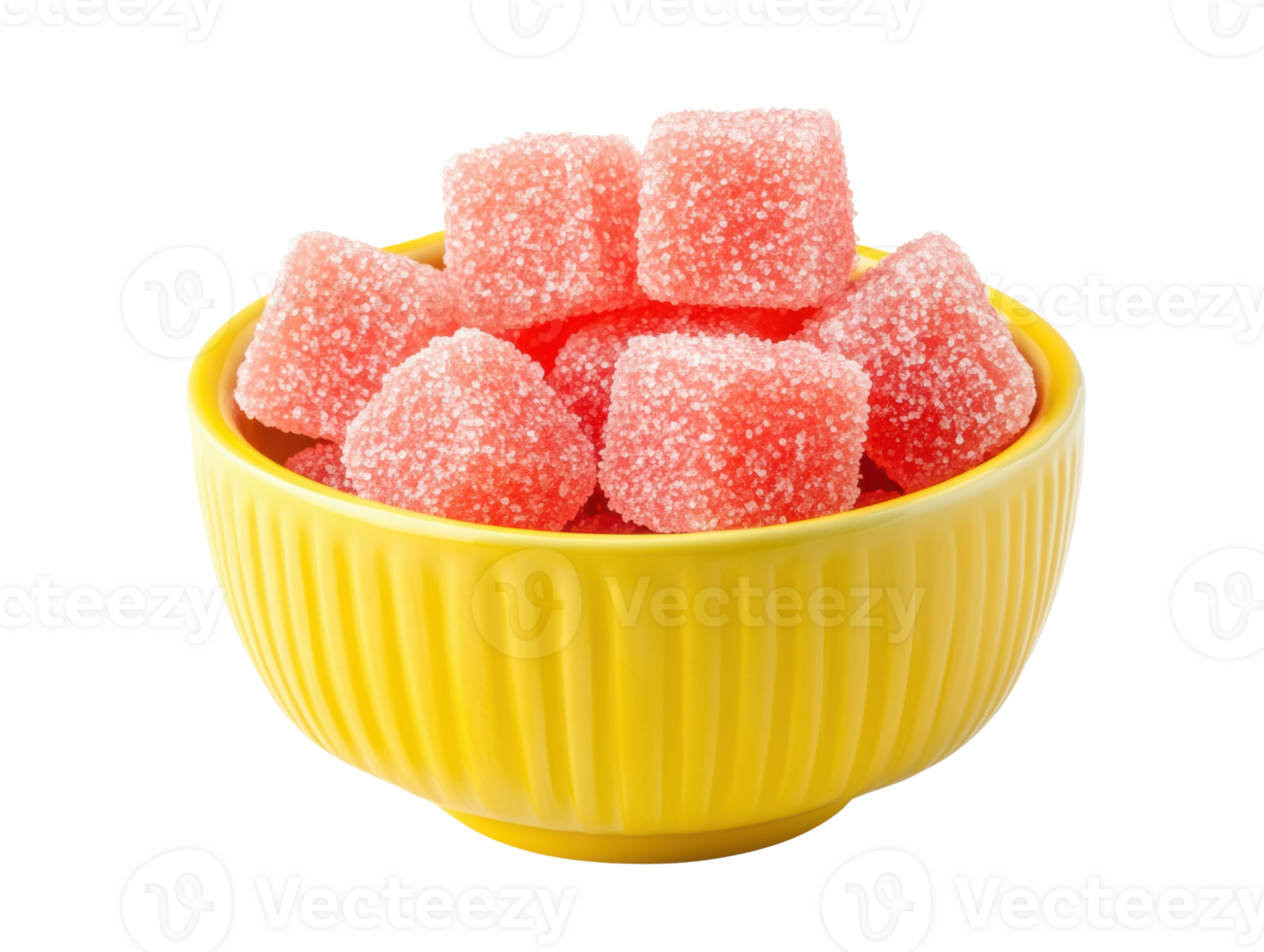 Sweet and colorful gummy candies in a yellow bowl png