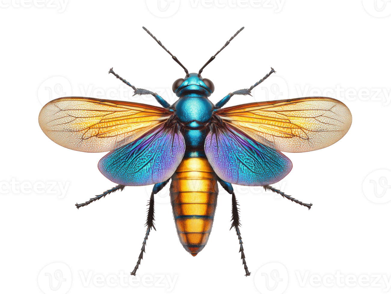 Vibrant insect with colorful wings and detailed features png