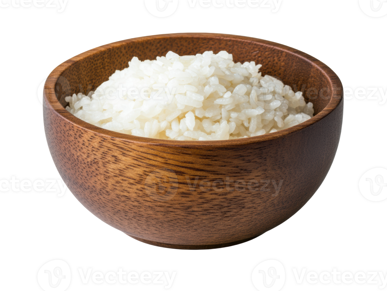 Delicious white rice served in a rustic wooden bowl png