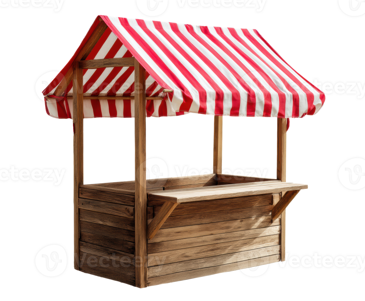 Rustic wooden market stall with red and white striped canopy png