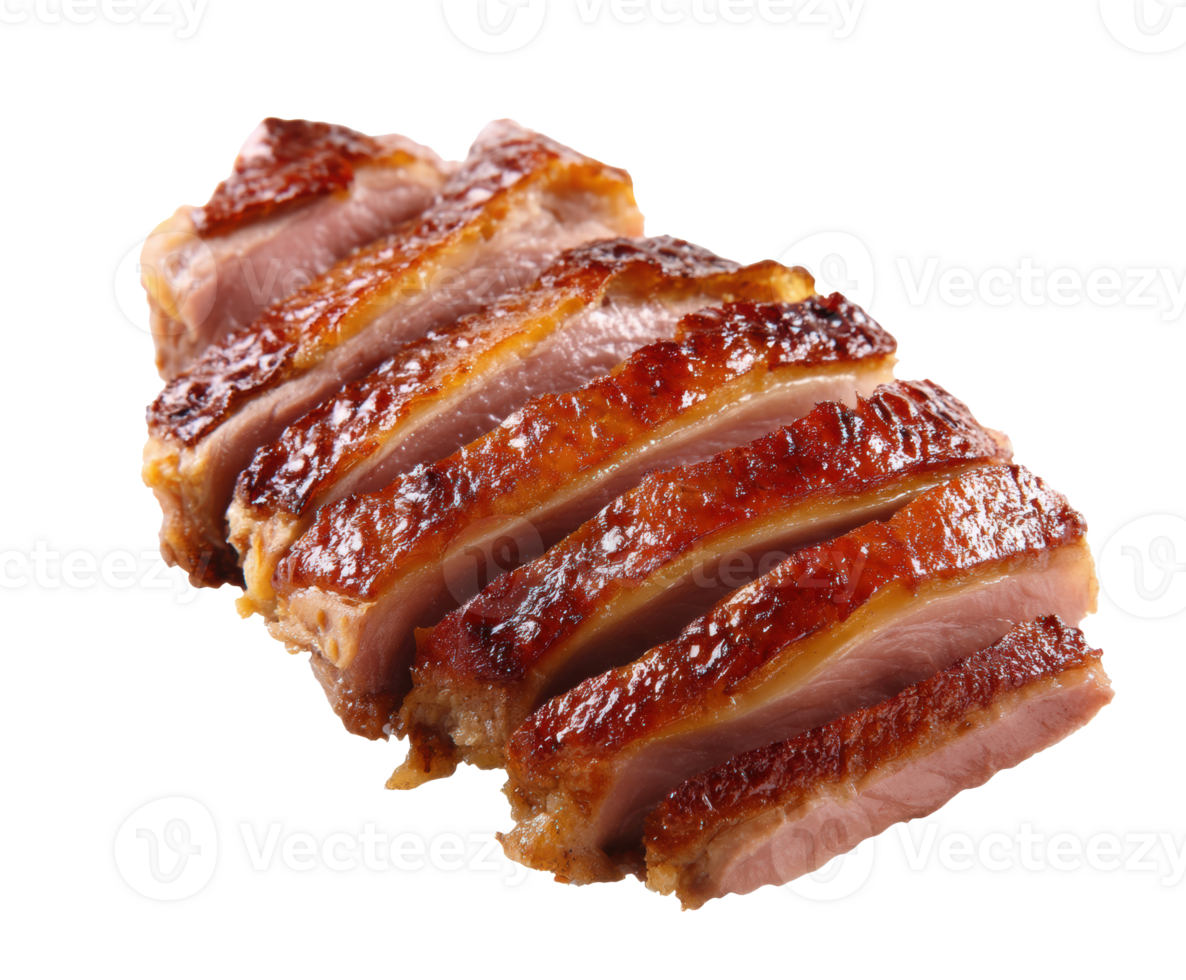 Sliced roasted meat with crispy skin on a white plate png