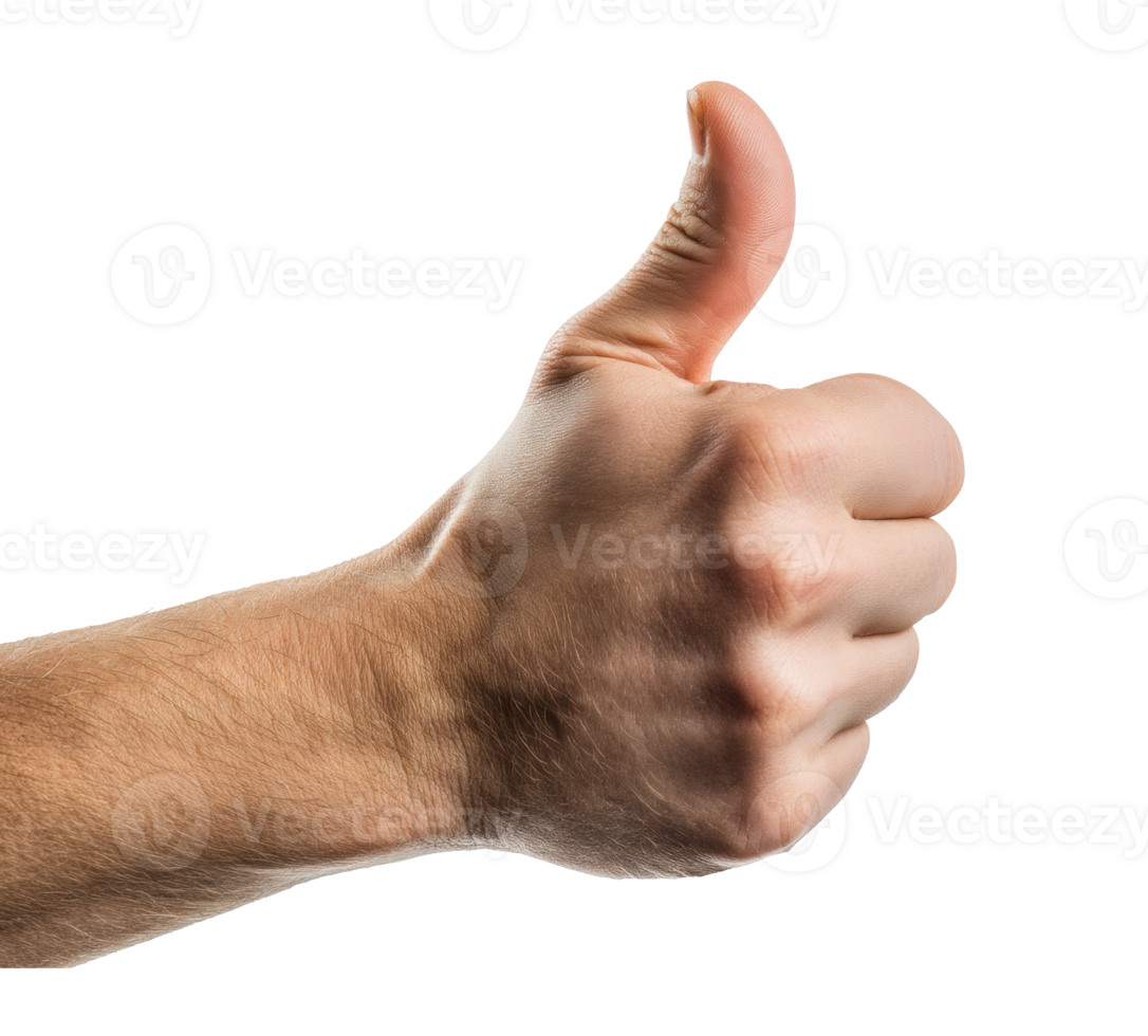 Positive gesture of approval with a raised thumb in close-up png