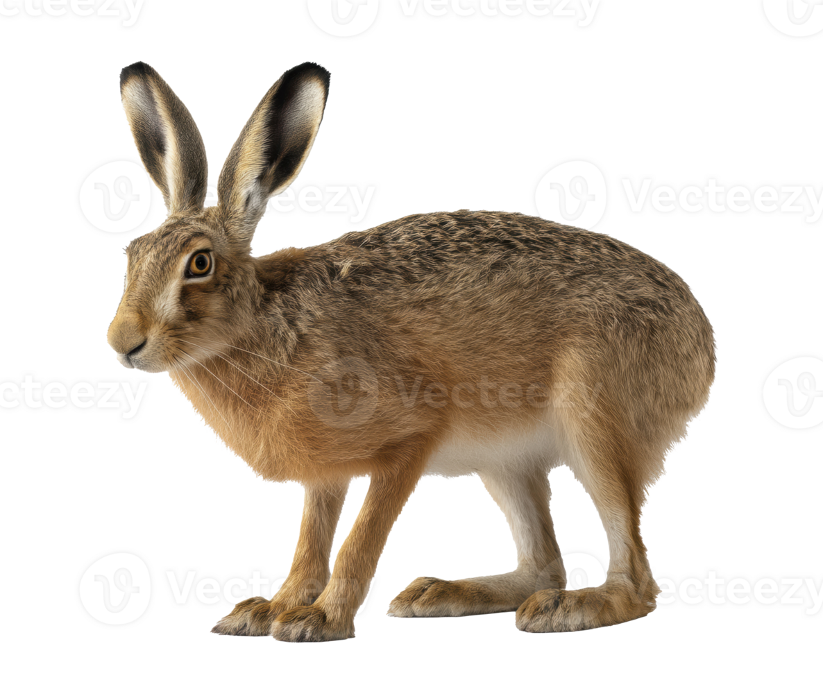 Brown hare in a natural pose with alert expression for educational use png