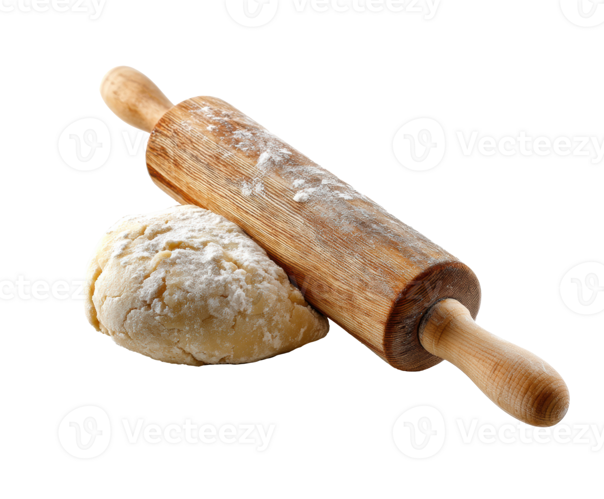 Rolling pin with flour-covered dough for baking preparation png