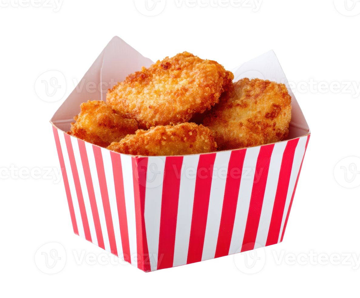 Crispy chicken nuggets in a red striped serving box png