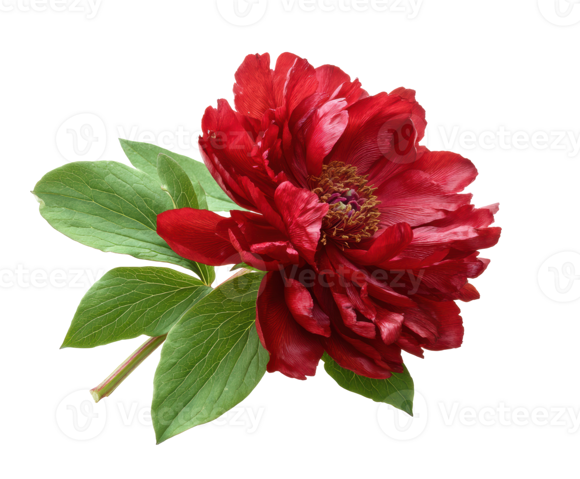 Vibrant red peony flower with green leaves for nature decor png