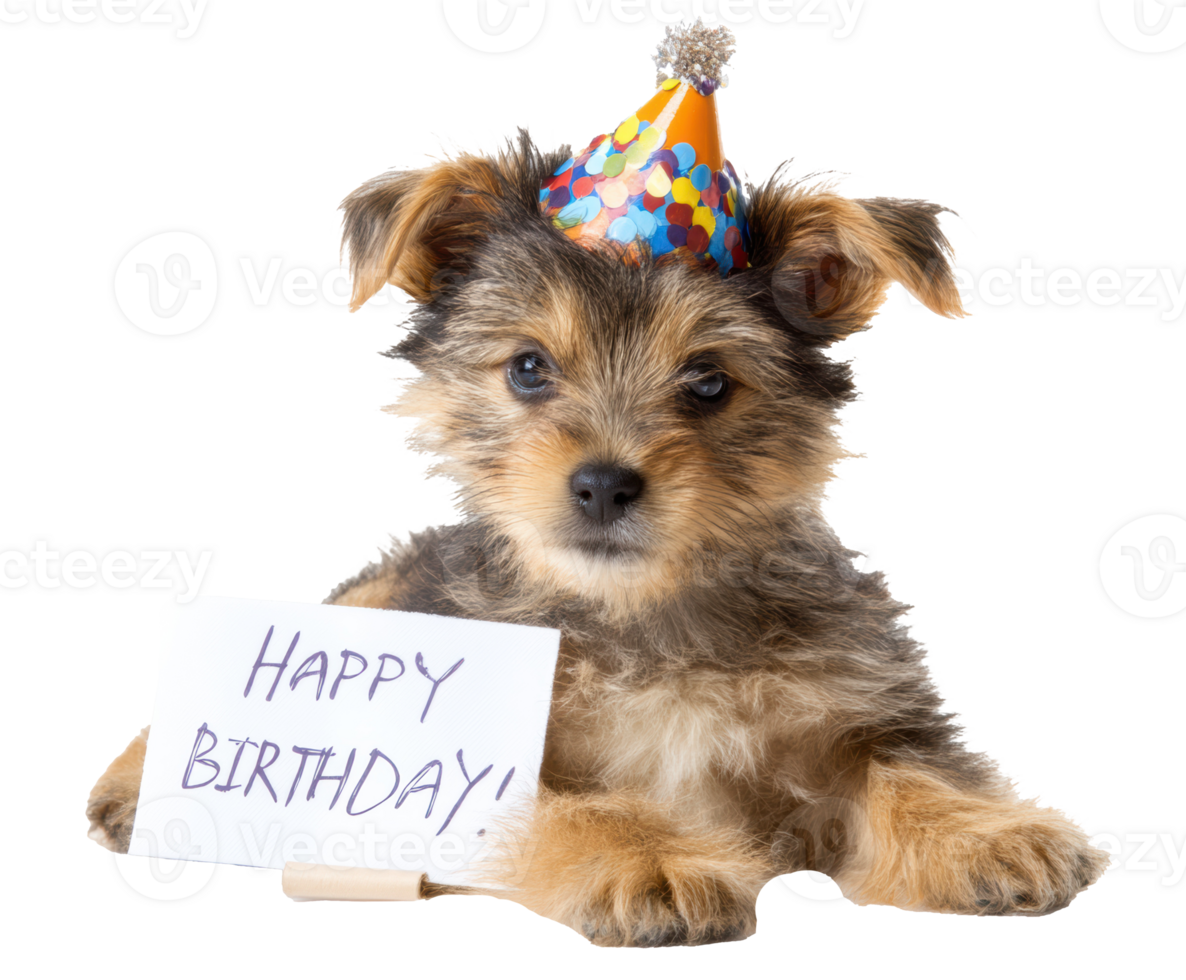 Cute puppy celebrating birthday with party hat and greeting sign png