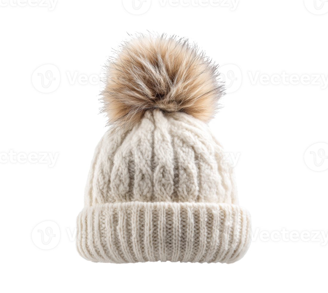Chunky knit winter hat with faux fur pom pom for cold weather png