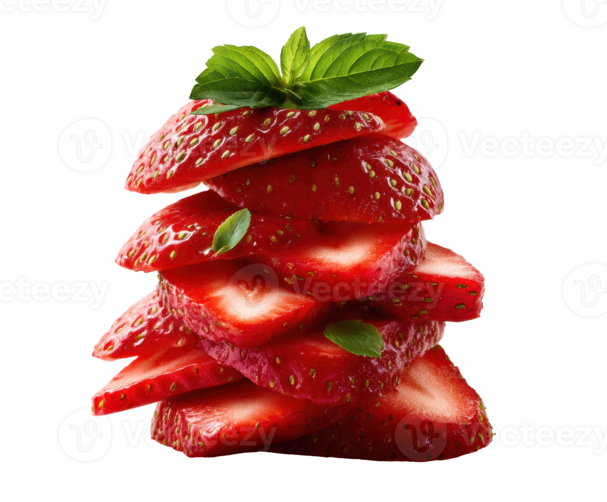 Freshly sliced strawberries stacked for a healthy dessert treat png