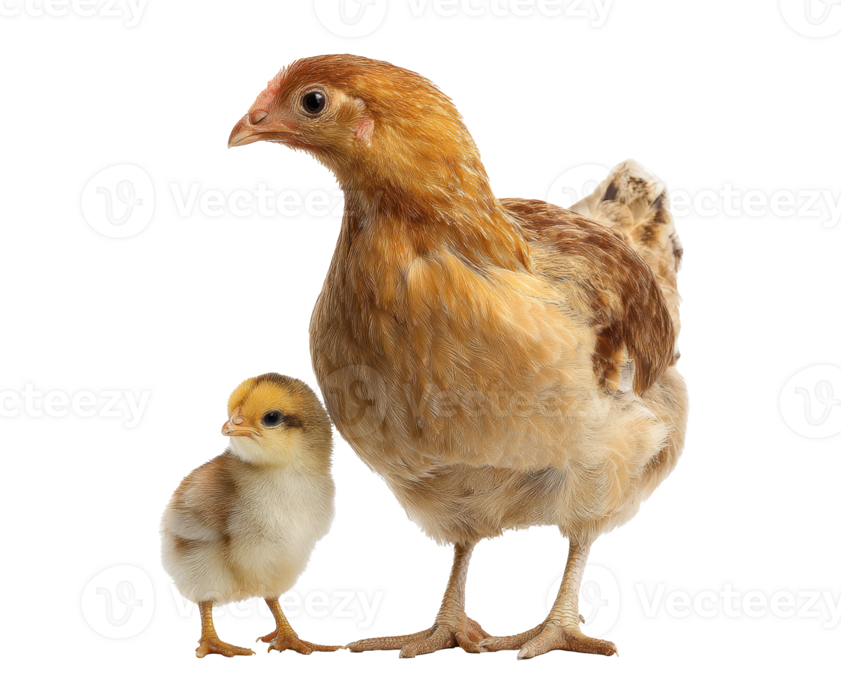 Chicken and chick standing together in a natural setting png