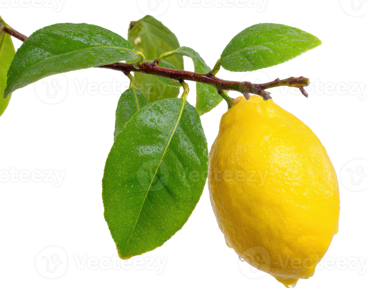 Fresh lemon with vibrant green leaves for culinary use and decoration png