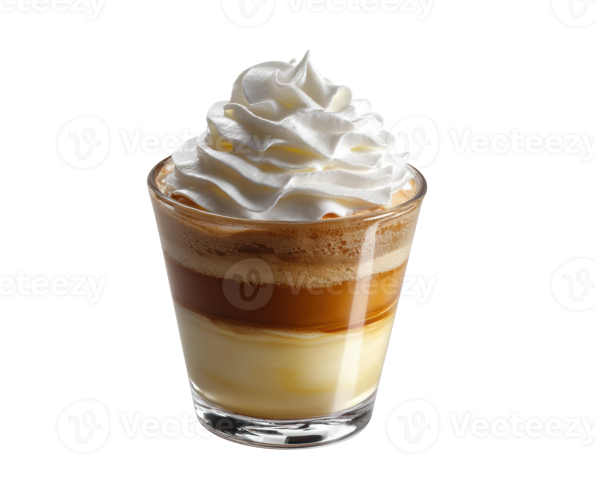 Delicious layered coffee drink topped with whipped cream for dessert png