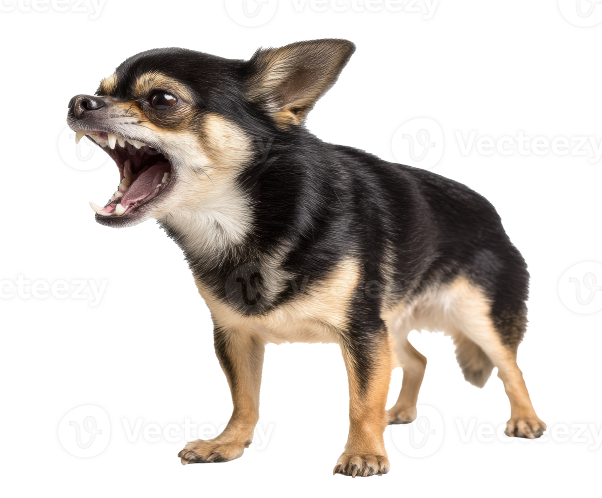 Aggressive chihuahua showing teeth in playful defense mode png