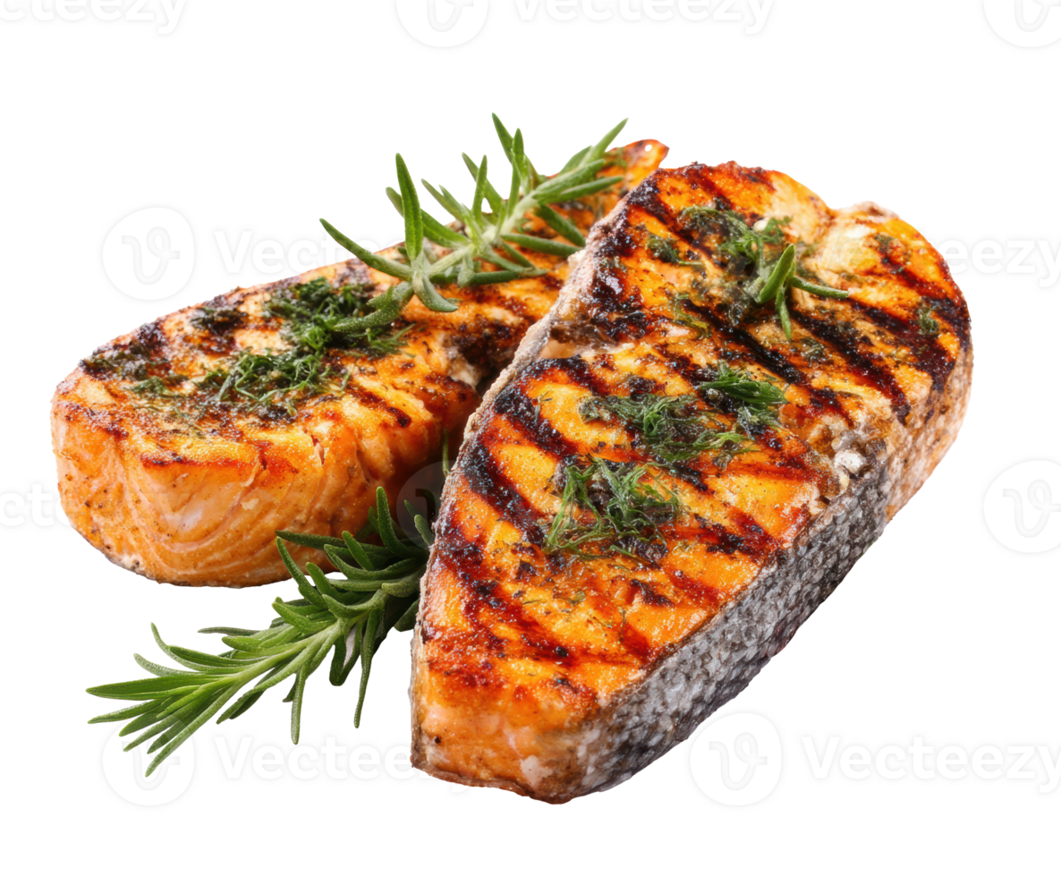 Grilled salmon fillets garnished with fresh herbs for healthy meals png