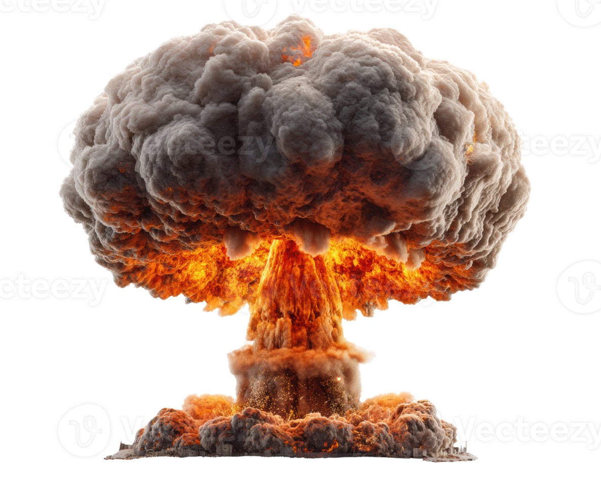 Nuclear explosion cloud with fiery mushroom shape rising dramatically png