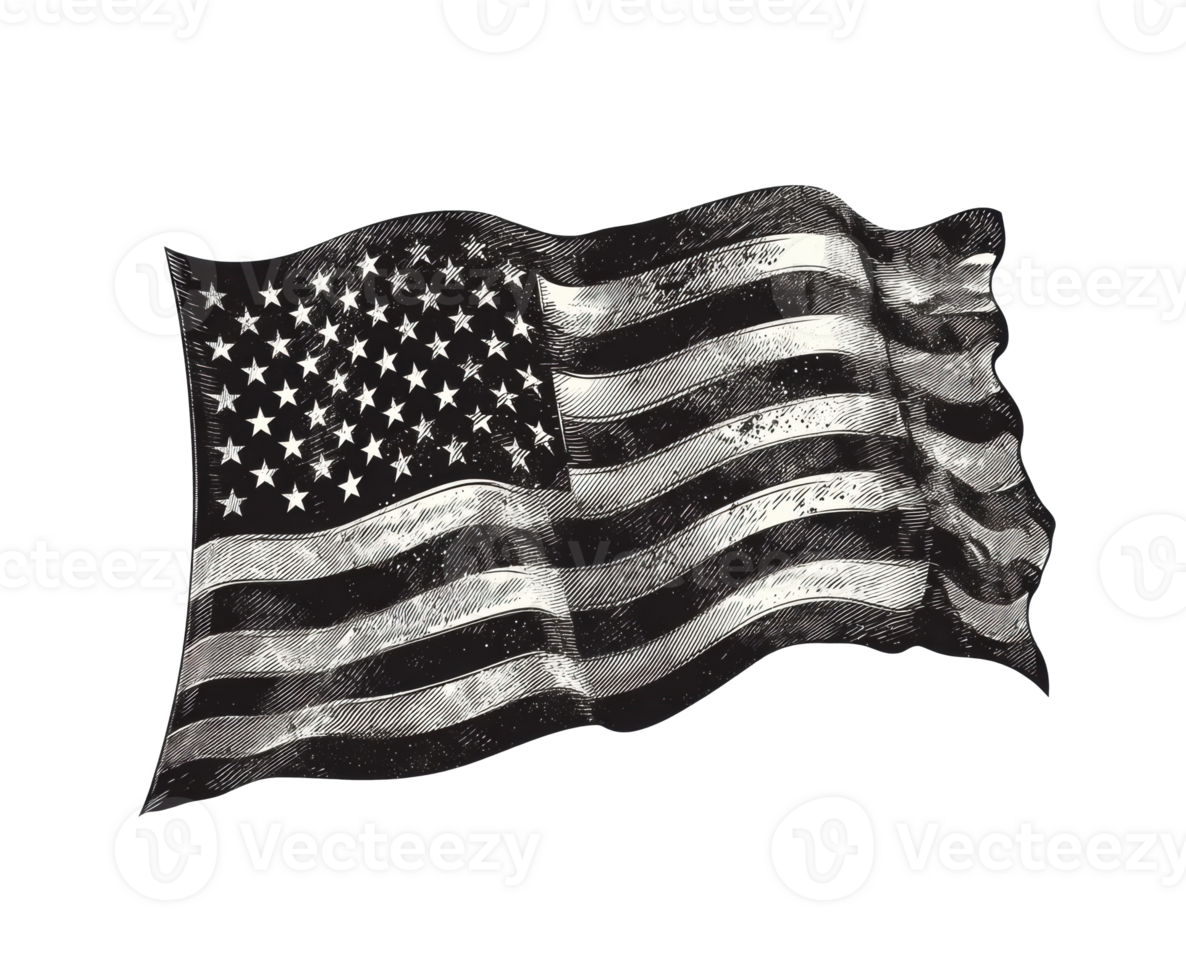 Black and white image of an American flag waving png